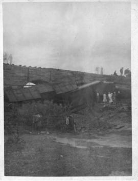 Waqu, April 1928. Derailment on stone masonry bridge.