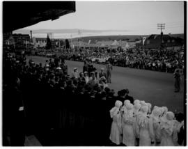 Estcourt, 17 March 1947. Royal family at the station. JC Smuts  and other dignitaries in attendance.