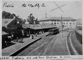 Pretoria, circa 1912. View of old and new stations wth CSAR Motor Coach standing in platform.