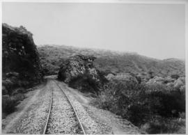 Alicedale, 1896. Railway line through rock cutting on the Grahamstown line.