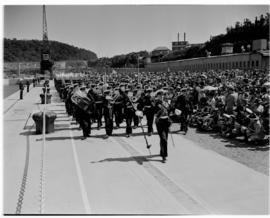 East London, 3 March 1947. Permanent Force Band leads in the procession for the naming ceremony P...