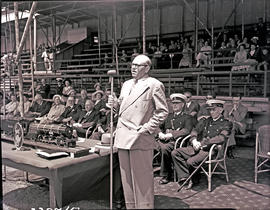 Pretoria, December 1952. Presentation to medals to railway police parade, Minister Sauer speaking.