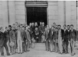 Bloemfontein. Group of men at National Bank with President Paul Kruger in centre.