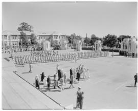 Bulawayo, Southern Rhodesia, 15 April 1947. Royal family walking towards dais in South Park at ra...