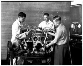 Johannesburg, circa 1949. Rand Airport. Technicians in workshop. Radial engine. (JK Hora)
