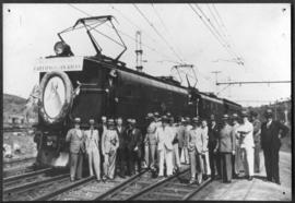 Durban, 1 December 1936. Arrival of first SAR Class 1E at platform 6 of Durban Platform 6, surrou...