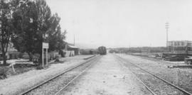 Mimosa, 1895. Train in station with loading ramp and station buildings in distance. (EH Short)