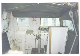 Windhoek, Namibia. Cabin interior of armoured trolley SAS R810494 plinthed at railway station. (P...