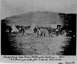 Cape Town - Wellington railway, 1857. Survey camp with EG Brounger with foot on spade near centre.