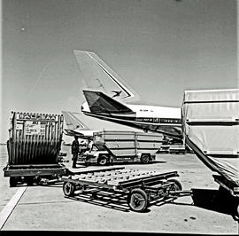 "1972. SAA Boeing 747 ZS-SAM Drakensberg with luggage trailers."