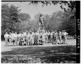 Livingstone, Northern Rhodesia, 11 April 1947. Press party at statue of David Livingstone.