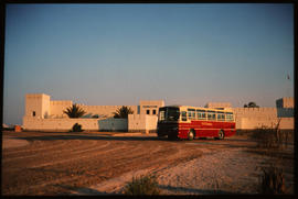 Etosha Game Park, South-West Africa, 1971. SAR Mercedes Benz tour bus at Fort Namutoni rest camp.