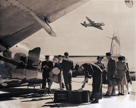 Johannesburg, 1947. Rand airport. Lockheed Lodestar ZS-ATI. Checking baggage with aircraft (mocku...