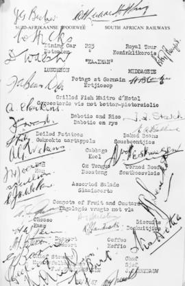 28 February 1947. A 'Kaaiman' luncheon menu with many signatures. Royal Tour.