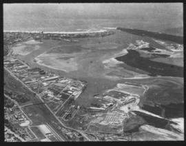 Durban. Aerial view of Durban harbour. Note seaplane flying boat base at Congella, including hang...