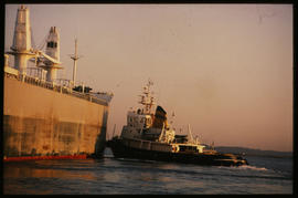 Richards Bay, July 1982. SAR tug with large ship in Richards Bay Harbour. [T Robberts]