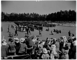 Salisbury, Southern Rhodesia, 7 April 1947. Queen Elizabeth inspecting parade of elderly men.