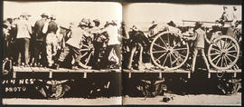 Men and cart on train wagon, possibly in Anglo-Boer War.