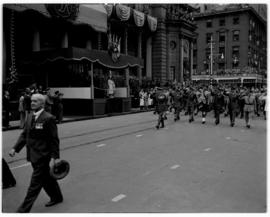 Johannesburg, 1 April 1947.  Scottish regiment marching through the city.