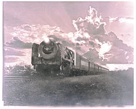 Nylstroom district, 1946. SAR Class ? With Blue Train at sunset.