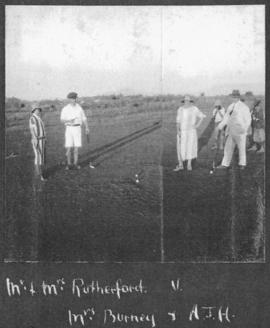 Circa 1925. Mr and Mrs Rutherford versus Mrs Burney and Mr AJ Hall on golf green. (Album on Natal...