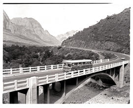 Paarl district, 1970. SAR Mercedes Benz tour bus crossing bridge in Du Toit's Kloof pass.