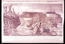Cape Town. Painting of Jan van Riebeeck arriving in the Cape 1652. (Copy from Illustrated London ...