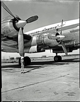 Johannesburg, 1955. Jan Smuts airport. SAA Lockheed Constellation ZS-DBU 'Durban'. Little boy tou...