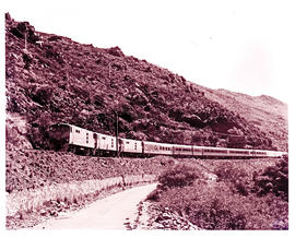 Tulbagh district, 1974. Three SAR Class 5E1 Srs 1's with No 2221down Blue Train in Tulbaghkloof.