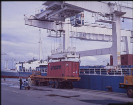 Durban, April 1979. Containers being off loaded from ship in Durban Harbour. [Jan Hoek]