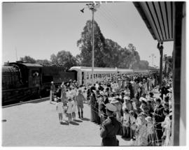 Hartley, Rhodesia, 10 April 1947. Royal Train with RR Class 15 No 272 at station with crowd on pl...