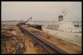 Richards Bay, April 1976. 'SA Vaal' berthed at coal terminal for official opening of Richards Bay...