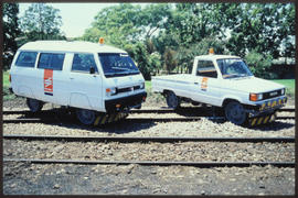 Pretoria, March 1990. SAR Transtrotter and SAR Transpect MK-1 rail vehicles at Koedoespoort. [Son...