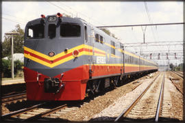 Pretoria. circa 1983. SAR Class 12E Metroblitz push-pull train showing rear engine. (Derek Pearman)