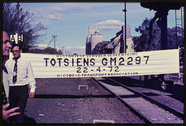 April 1971. Commemoration banner for SAR Class GM No 2297 by the Historic Transport Association s...