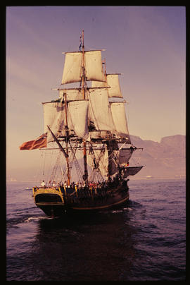 Cape Town. Large sail vessel sailing towards Table Bay Harbour.