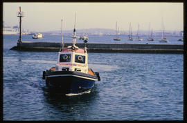 Durban, September 1984. Harbour police boat in Durban Harbour. [T Robberts]