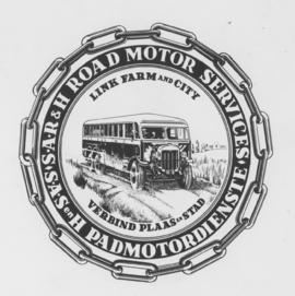 Logo for SAR&H Road Motor Services. Thornycroft bus in centre of logo.
