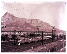 Cape Town, 1972. Three SAR Class 5E1 Srs 1's with new Blue Train test without headboard passing Y...