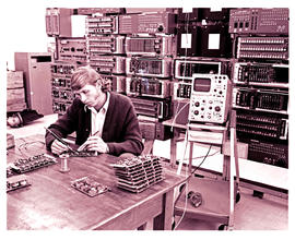 "Klerksdorp, 1976.  Testing electric circuits at SAR computerised traffic control centre."