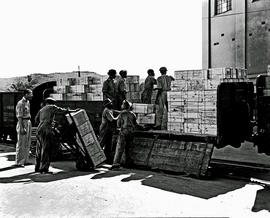 Paarl, 1945. KWV distillery. Loading boxes on train.
