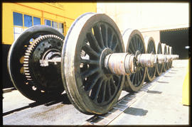 
Train wheels outside workshop.
