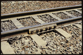 Close up of bolted rail connection.