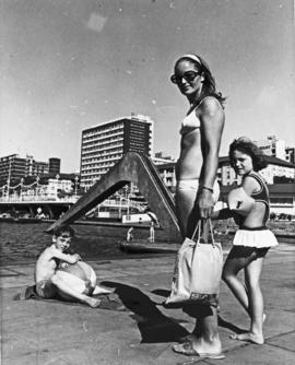 Durban, 1970. Mother and children at beachfront.