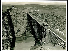 Mossel Bay district, 1954. SAR Canadian Brill motor coach bus on Gourits River bridge.