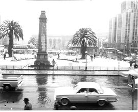 Johannesburg, June 1964. Snow scenes. Cenotaph at library gardens.