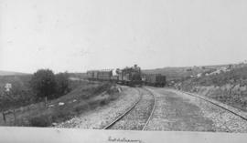 Coldstream, 1895. Two trains, one approaching hauled by Cape 4th Class Stephenson on crossing loo...
