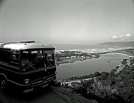Wilderness, 1968. SAR Mercedes Benz tour bus No MT16387 at lookout point above lagoon.