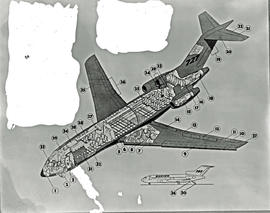 
SAA Boeing 727 interior. Cutaway drawing layout of passenger accomodation. LOPA.
