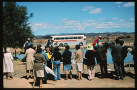 Oudtshoorn district, 1973. SAR Silver Eagle tour bus at Highgate ostrich farm.